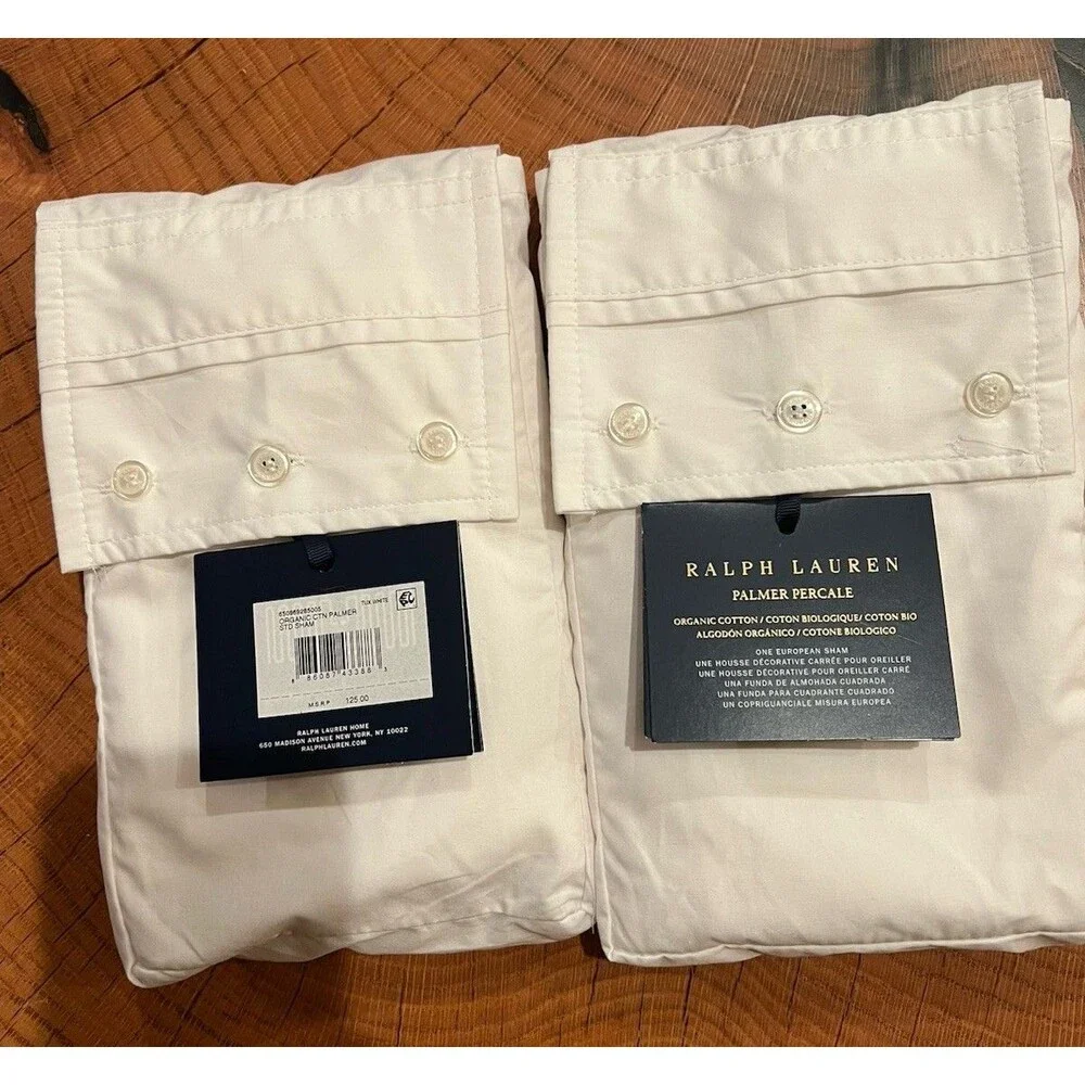 LOT 2 Ralph Lauren RL Organic Cotton Palmer Percale Euro Shams 26x26 Tuxedo Whit